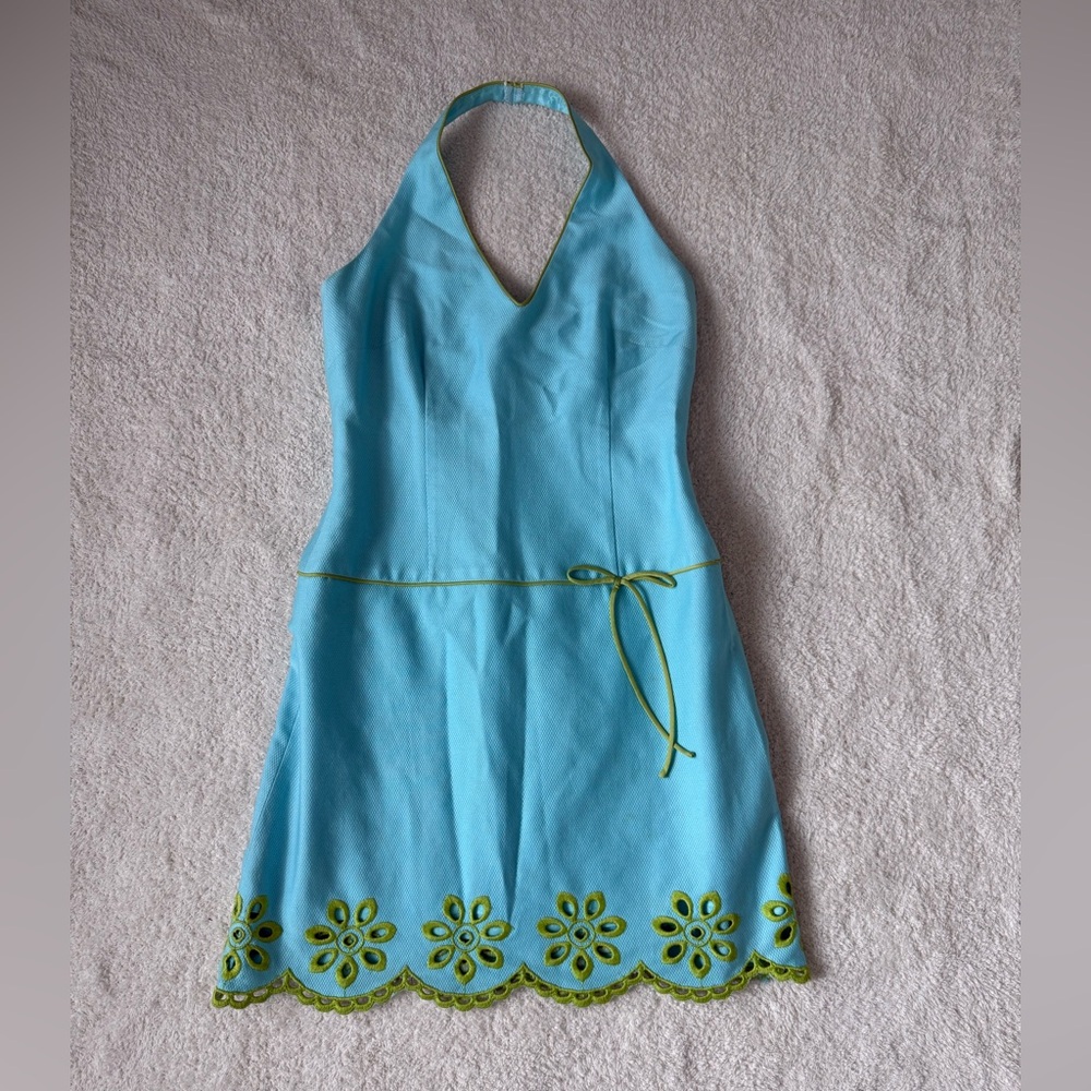 Laundry halter dress size 6 light turquoise w/ green trim